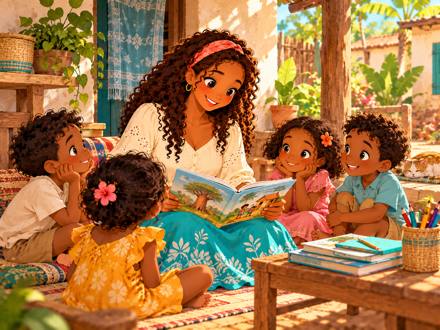 Felicia lit une histoire aux enfants