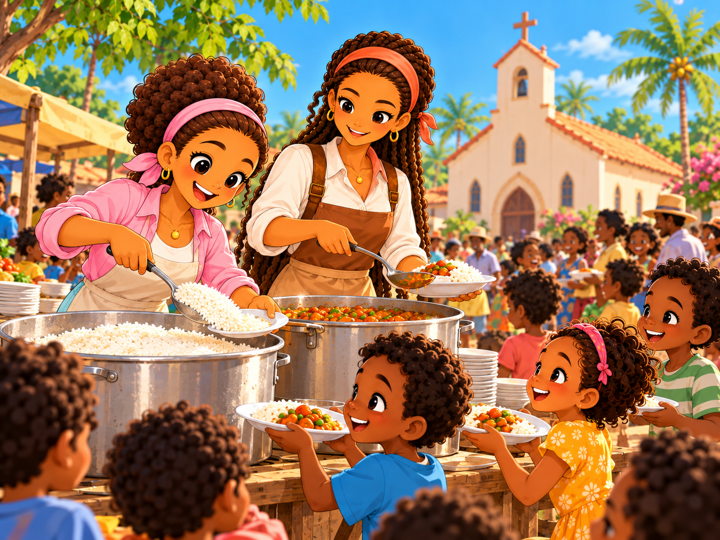 Distribution de repas devant l’église à Tuléar