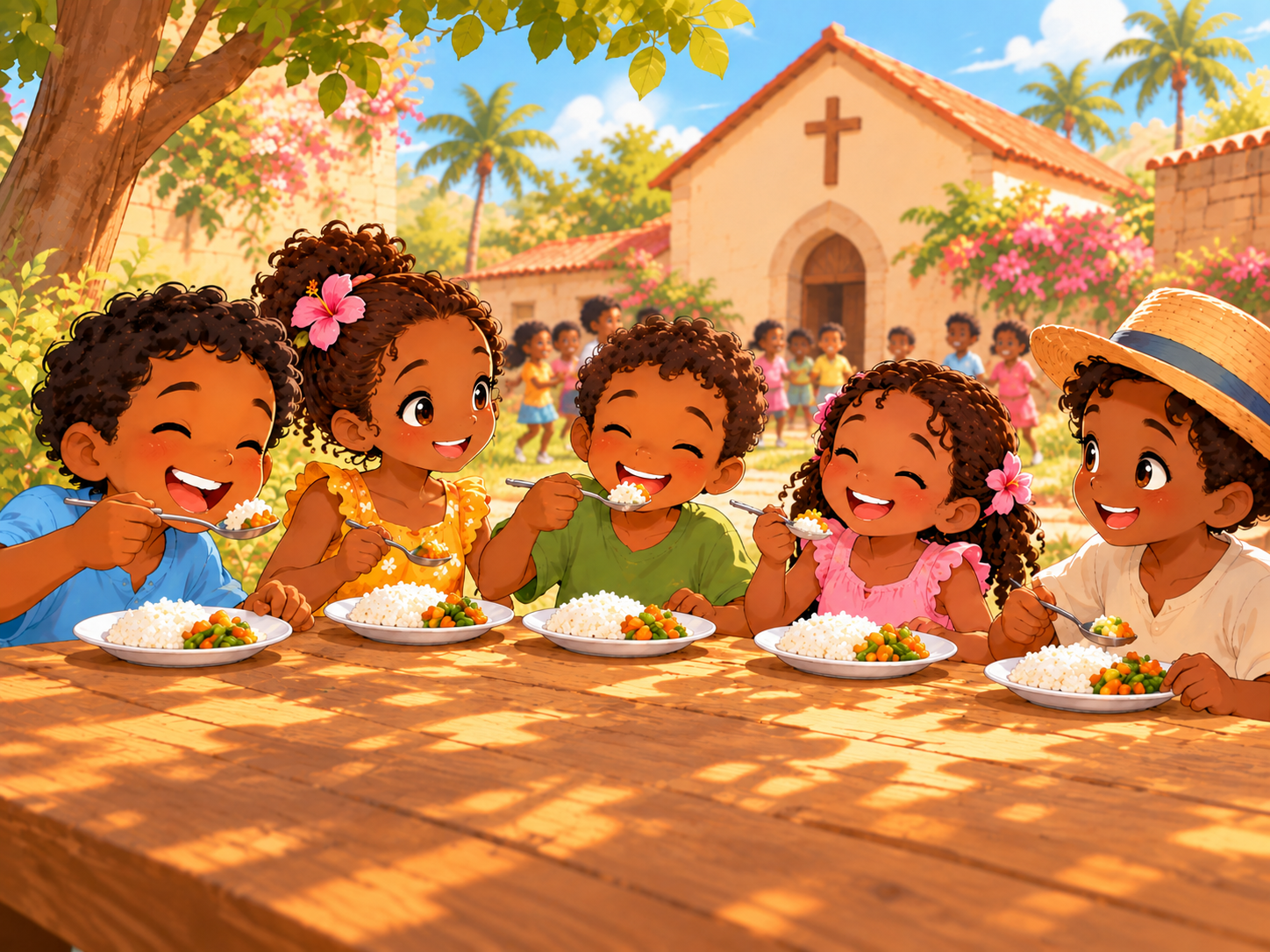 Des enfants mangent ensemble